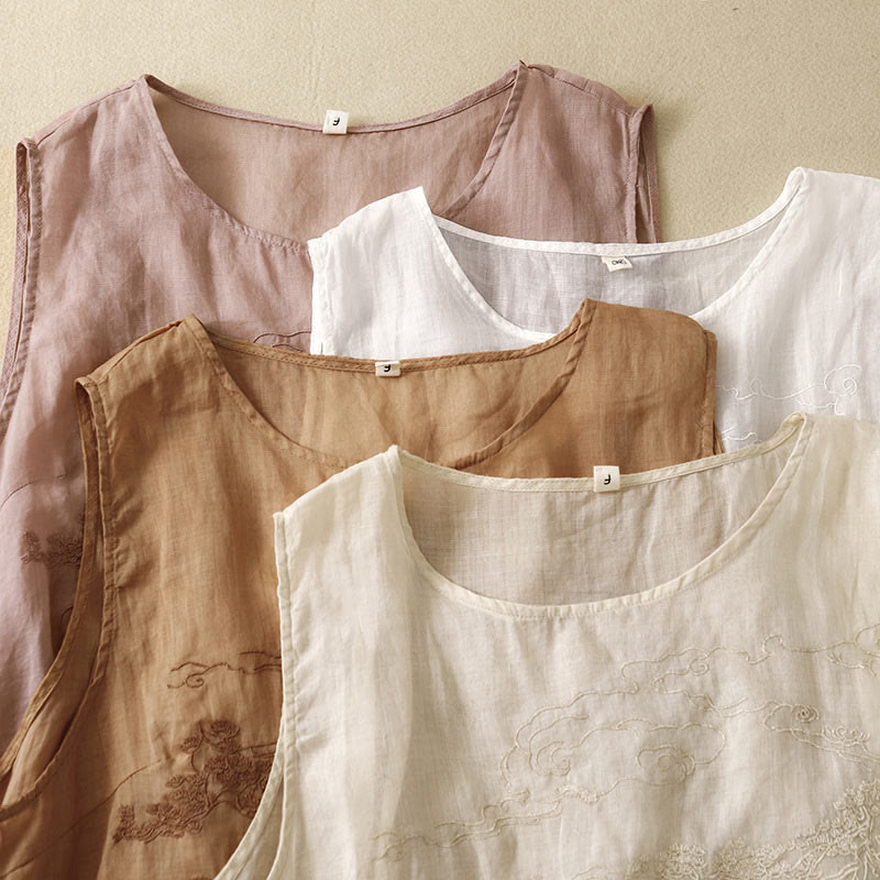 Buddha Stones Vintage Casual Embroidery Cotton Linen Women's Vest Waistcoat