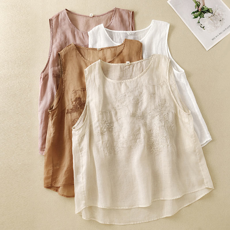 Buddha Stones Vintage Casual Embroidery Cotton Linen Women's Vest Waistcoat