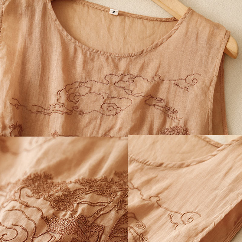 Buddha Stones Vintage Casual Embroidery Cotton Linen Women's Vest Waistcoat