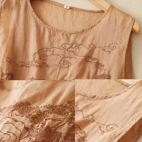 Buddha Stones Vintage Casual Embroidery Cotton Linen Women's Vest Waistcoat