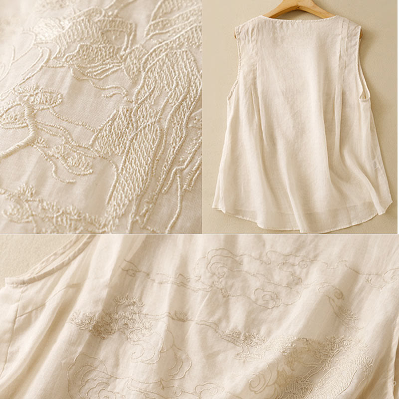 Buddha Stones Vintage Casual Embroidery Cotton Linen Women's Vest Waistcoat