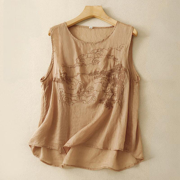 Buddha Stones Vintage Casual Embroidery Cotton Linen Women's Vest Waistcoat