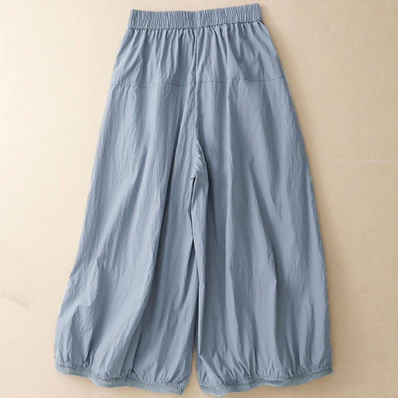 Buddha Stones Casual Hem Hollow Design Women's Cotton 7-8 Length Wide Leg Pants With Pockets