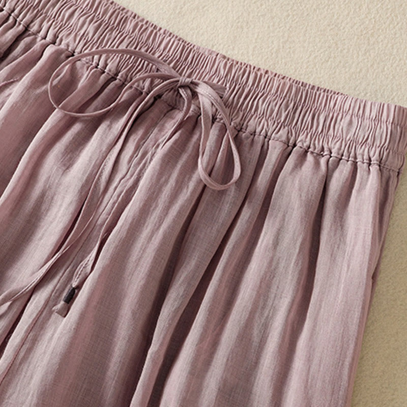 Buddha Stones Commute Embroidery Drawstring Women's Cotton Wide Leg Pants With Pockets