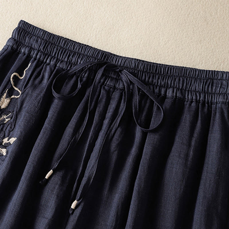 Buddha Stones Commute Embroidery Drawstring Women's Cotton Wide Leg Pants With Pockets