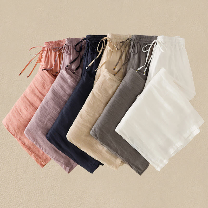 Buddha Stones Commute Embroidery Drawstring Women's Cotton Wide Leg Pants With Pockets