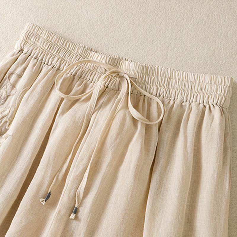 Buddha Stones Commute Embroidery Drawstring Women's Cotton Wide Leg Pants With Pockets