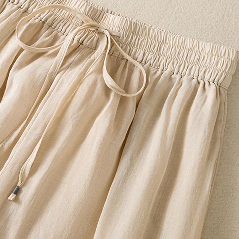 Buddha Stones Commute Embroidery Drawstring Women's Cotton Wide Leg Pants With Pockets