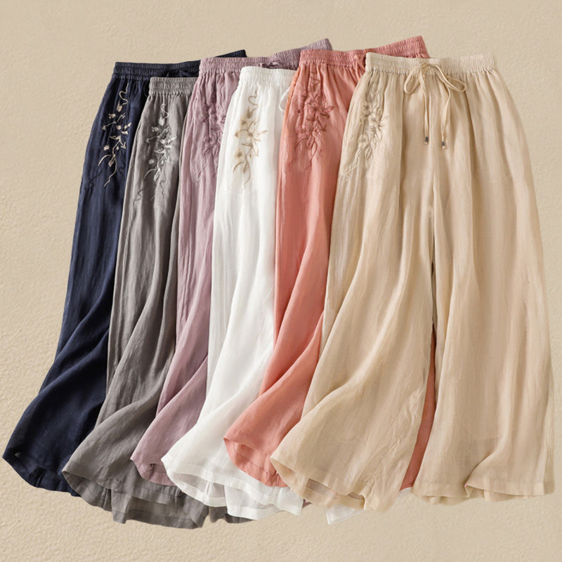 Buddha Stones Commute Embroidery Drawstring Women's Cotton Wide Leg Pants With Pockets