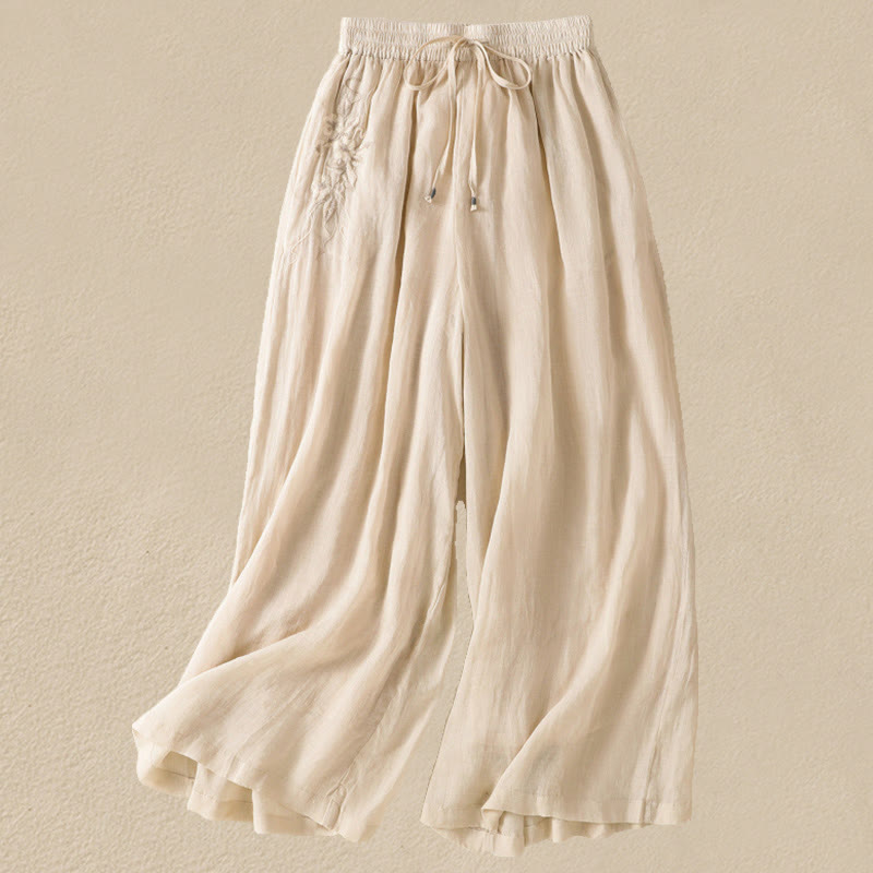 Buddha Stones Commute Embroidery Drawstring Women's Cotton Wide Leg Pants With Pockets