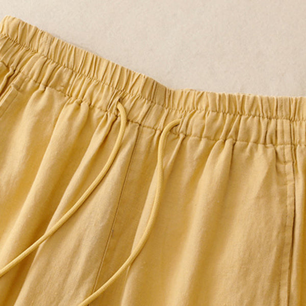 Buddha Stones Vintage Pure Color Drawstring Women's Cotton Linen Ankle-Length Pants With Pockets