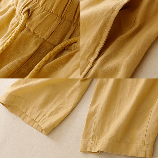 Buddha Stones Vintage Pure Color Drawstring Women's Cotton Linen Ankle-Length Pants With Pockets