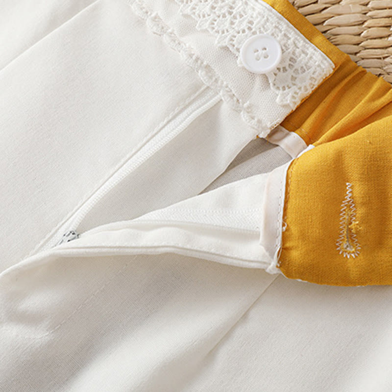 Buddha Stones Casual Hollow Lace Waistband Design Women's Cotton Linen Wide Leg Pants With Pockets