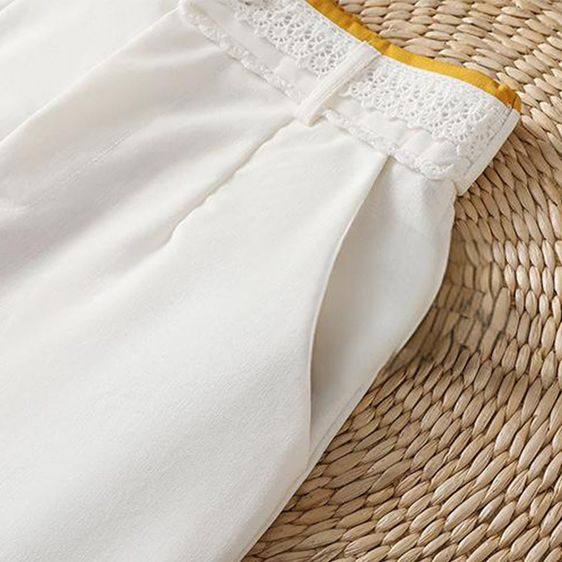 Buddha Stones Casual Hollow Lace Waistband Design Women's Cotton Linen Wide Leg Pants With Pockets