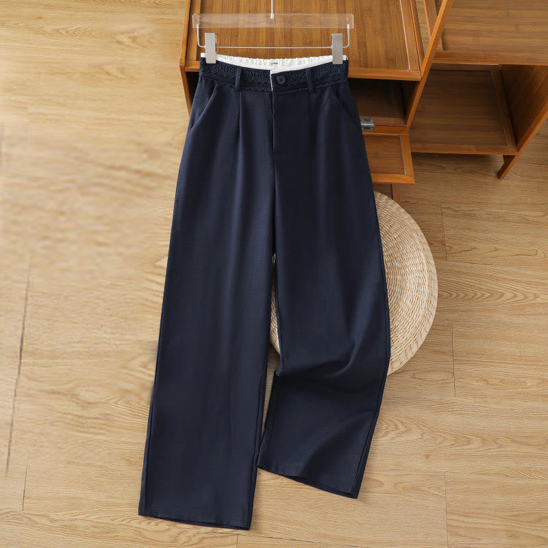 Buddha Stones Casual Hollow Lace Waistband Design Women's Cotton Linen Wide Leg Pants With Pockets