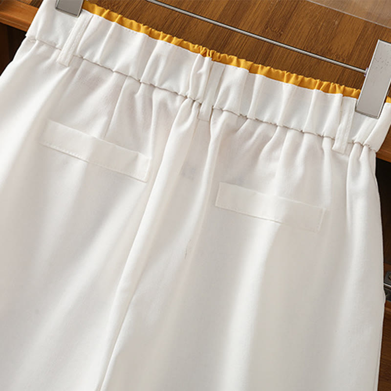 Buddha Stones Casual Hollow Lace Waistband Design Women's Cotton Linen Wide Leg Pants With Pockets