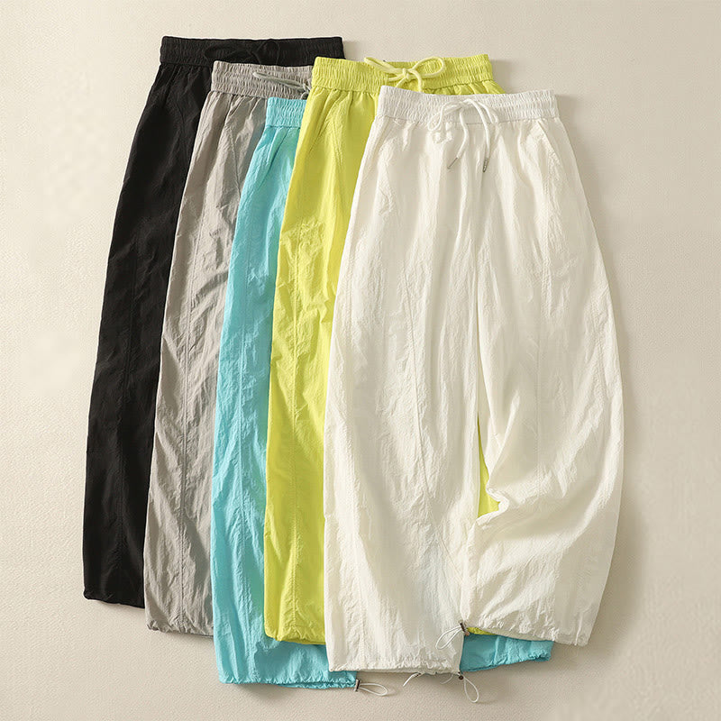 Buddha Stones Summer Vintage Plain Drawstring Cuffed Women's Pants With Pockets