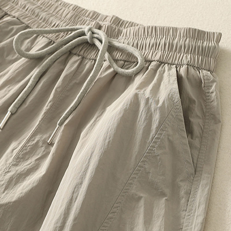 Buddha Stones Summer Vintage Plain Drawstring Cuffed Women's Pants With Pockets