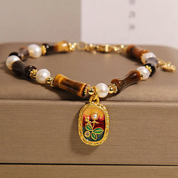 Buddha Stones Natural Bamboo Tiger Eye Pearl Strength Bracelet