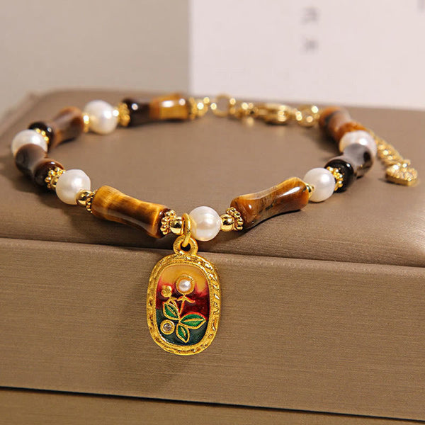 Buddha Stones Natural Bamboo Tiger Eye Pearl Strength Bracelet
