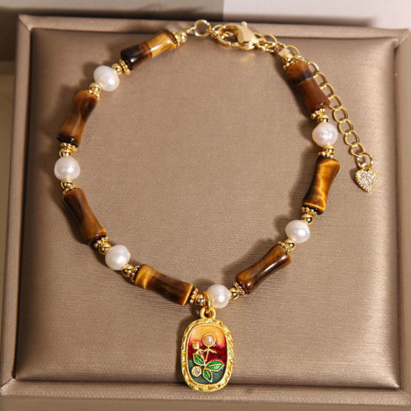 Buddha Stones Natural Bamboo Tiger Eye Pearl Strength Bracelet