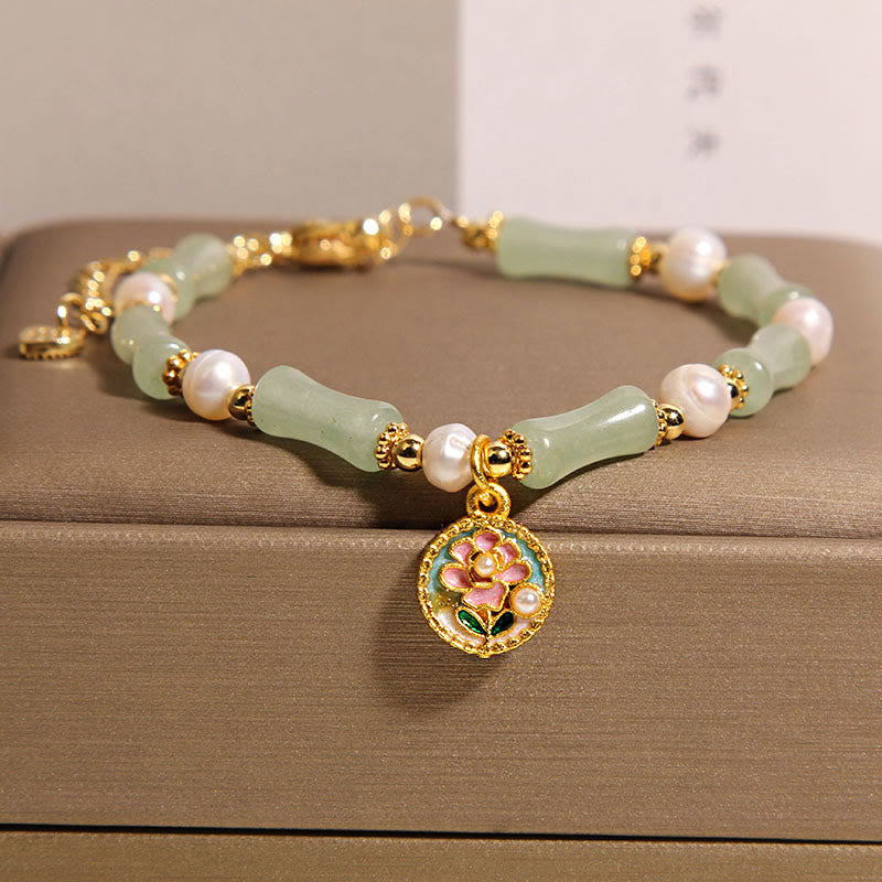 Buddha Stones Natural Bamboo Flower Green Aventurine Pearl Balance Bracelet