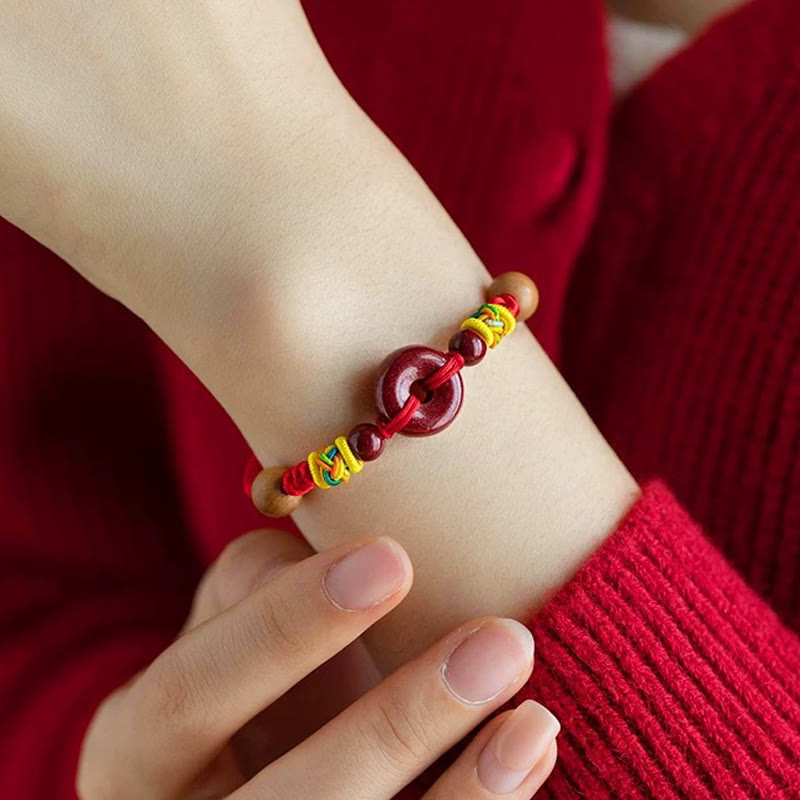Buddha Stones Red String Peach Wood Peace Buckle Cinnabar Protection Adult Kid Bracelet