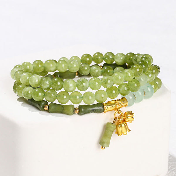 Buddha Stones Retro Multilayer Lily of the Valley Bamboo Green Chalcedony Strength Bracelet