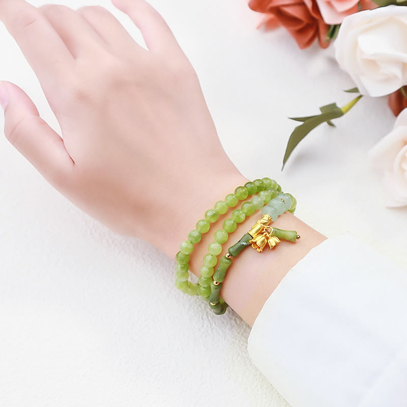 Buddha Stones Retro Multilayer Lily of the Valley Bamboo Green Chalcedony Strength Bracelet