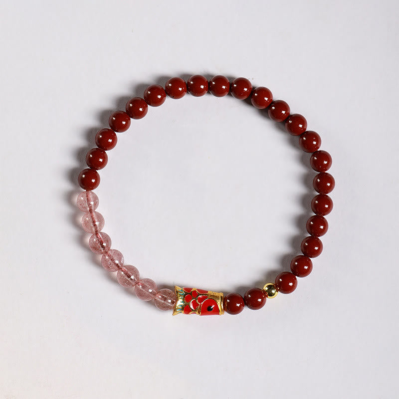 Buddha Stones Natural Cinnabar Pink Crystal Strawberry Quartz Lucky Koi Fish Blessing Bracelet
