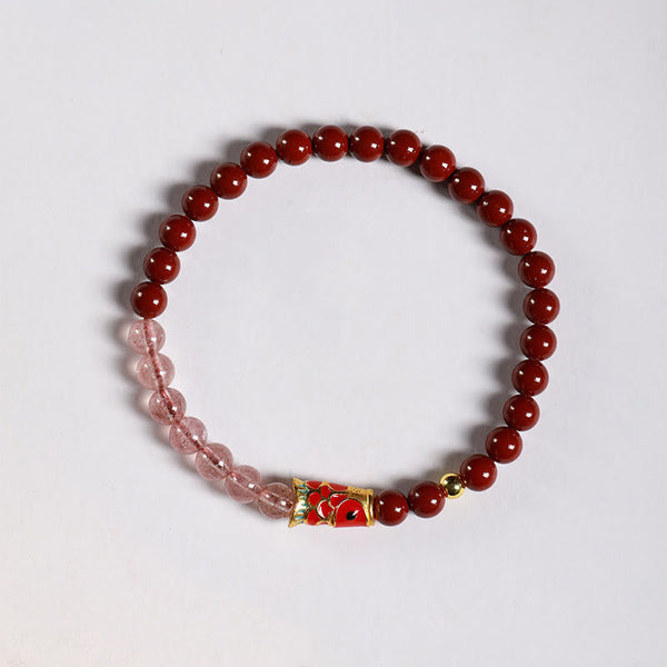 Buddha Stones Natural Cinnabar Pink Crystal Strawberry Quartz Lucky Koi Fish Blessing Bracelet