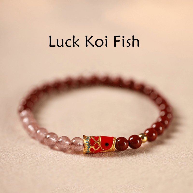 Buddha Stones Natural Cinnabar Pink Crystal Strawberry Quartz Lucky Koi Fish Blessing Bracelet