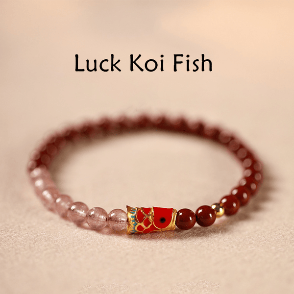 Buddha Stones Natural Cinnabar Pink Crystal Strawberry Quartz Lucky Koi Fish Blessing Bracelet