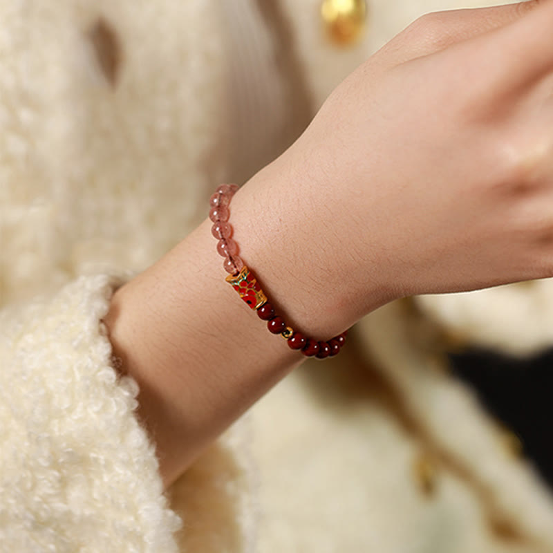 Buddha Stones Natural Cinnabar Pink Crystal Strawberry Quartz Lucky Koi Fish Blessing Bracelet