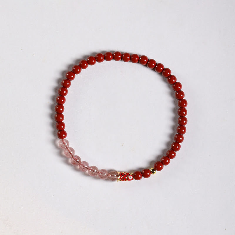 Buddha Stones Natural Cinnabar Pink Crystal Strawberry Quartz Lucky Koi Fish Blessing Bracelet
