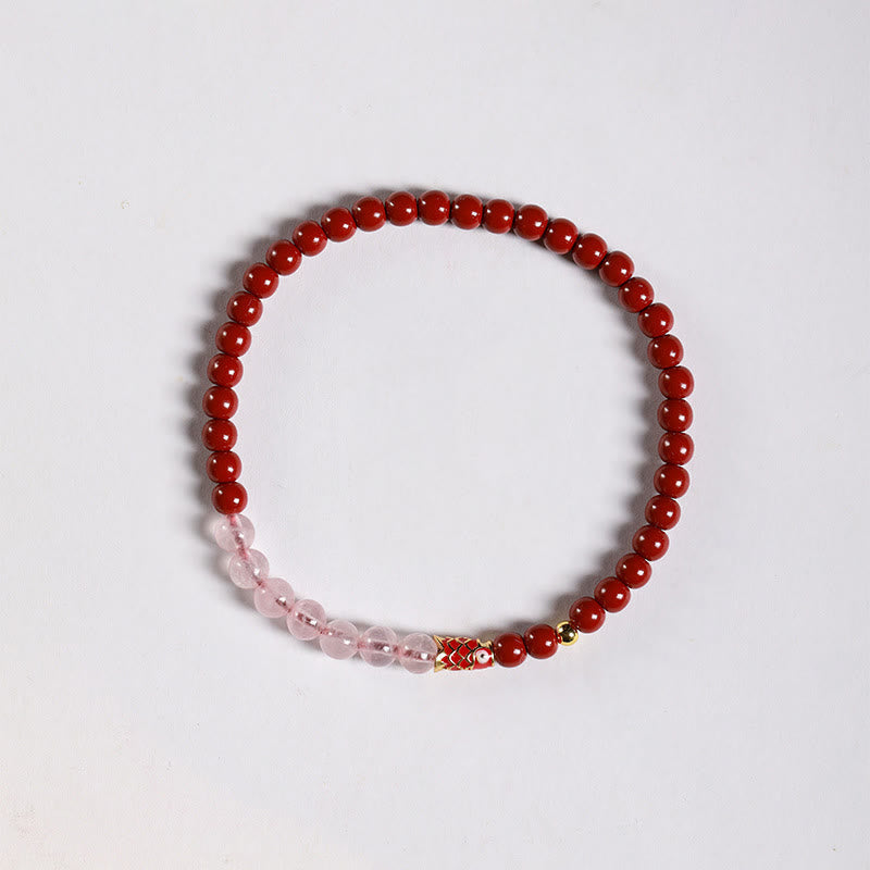 Buddha Stones Natural Cinnabar Pink Crystal Strawberry Quartz Lucky Koi Fish Blessing Bracelet
