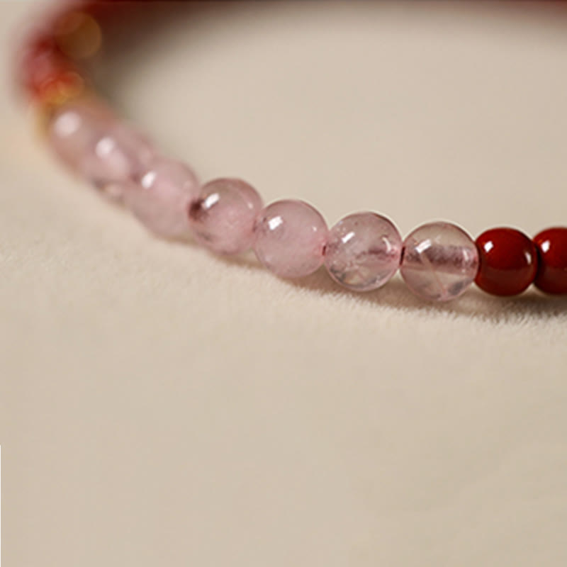 Buddha Stones Natural Cinnabar Pink Crystal Strawberry Quartz Lucky Koi Fish Blessing Bracelet