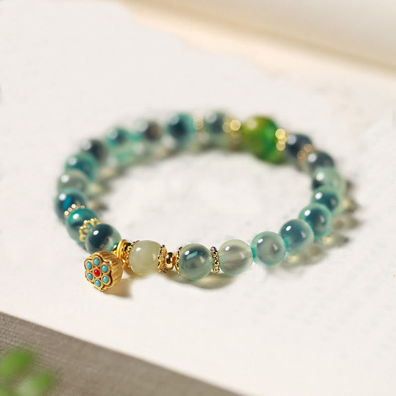 Buddha Stones Natural Colorful Candy Agate Golden Lotus Pod Healing Bracelet