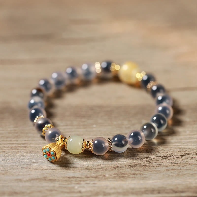 Buddha Stones Natural Colorful Candy Agate Golden Lotus Pod Healing Bracelet