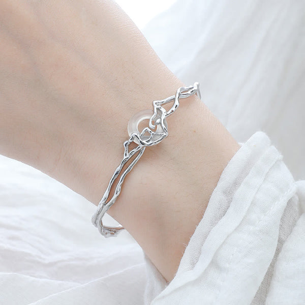 Buddha Stones 925 Sterling Silver Peace Buckle White Agate Protection Bracelet Bangle