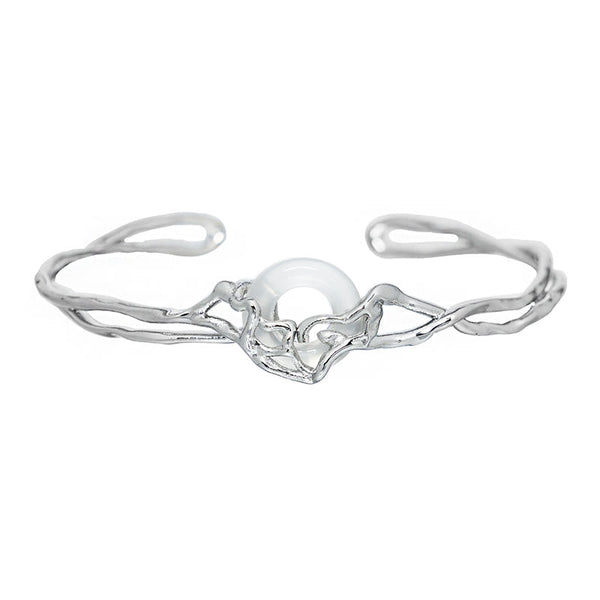 Buddha Stones 925 Sterling Silver Peace Buckle White Agate Protection Bracelet Bangle