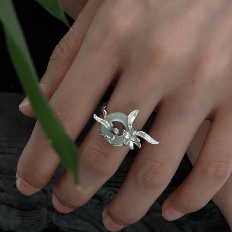 Buddha Stones 925 Sterling Silver Iris Design Peace Buckle Quartzite Jade Balance Ring