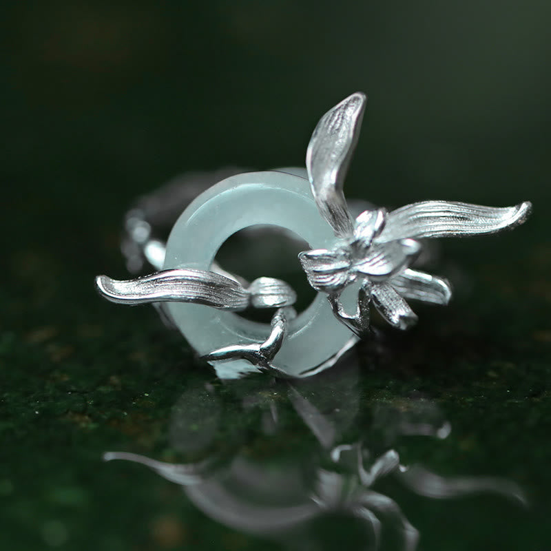 Buddha Stones 925 Sterling Silver Iris Design Peace Buckle Quartzite Jade Balance Ring