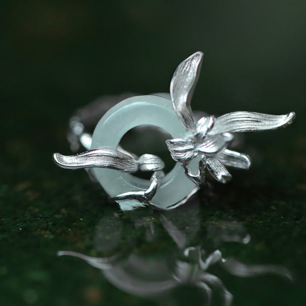 Buddha Stones 925 Sterling Silver Iris Design Peace Buckle Quartzite Jade Balance Ring