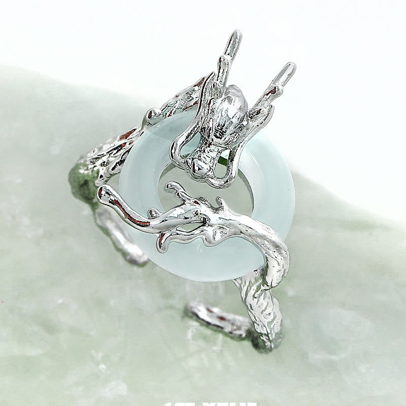 Buddha Stones 925 Sterling Silver Dragon Peace Buckle Quartzite Jade Balance Ring