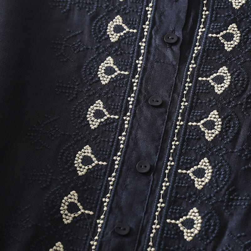 Buddha Stones Symmetrical Embroidery Cotton Linen Women's Half Sleeves Shirt