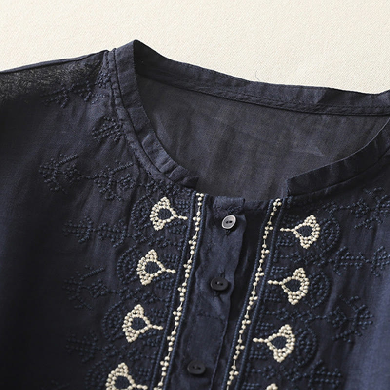 Buddha Stones Symmetrical Embroidery Cotton Linen Women's Half Sleeves Shirt