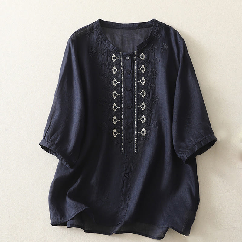 Buddha Stones Symmetrical Embroidery Cotton Linen Women's Half Sleeves Shirt