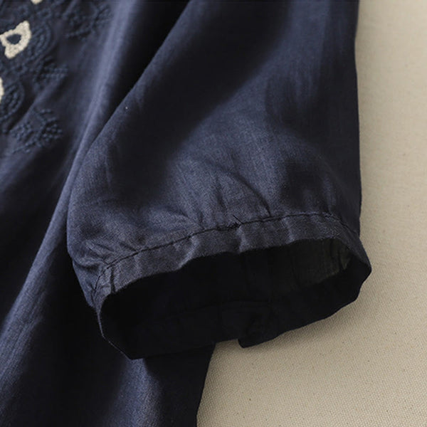 Buddha Stones Symmetrical Embroidery Cotton Linen Women's Half Sleeves Shirt