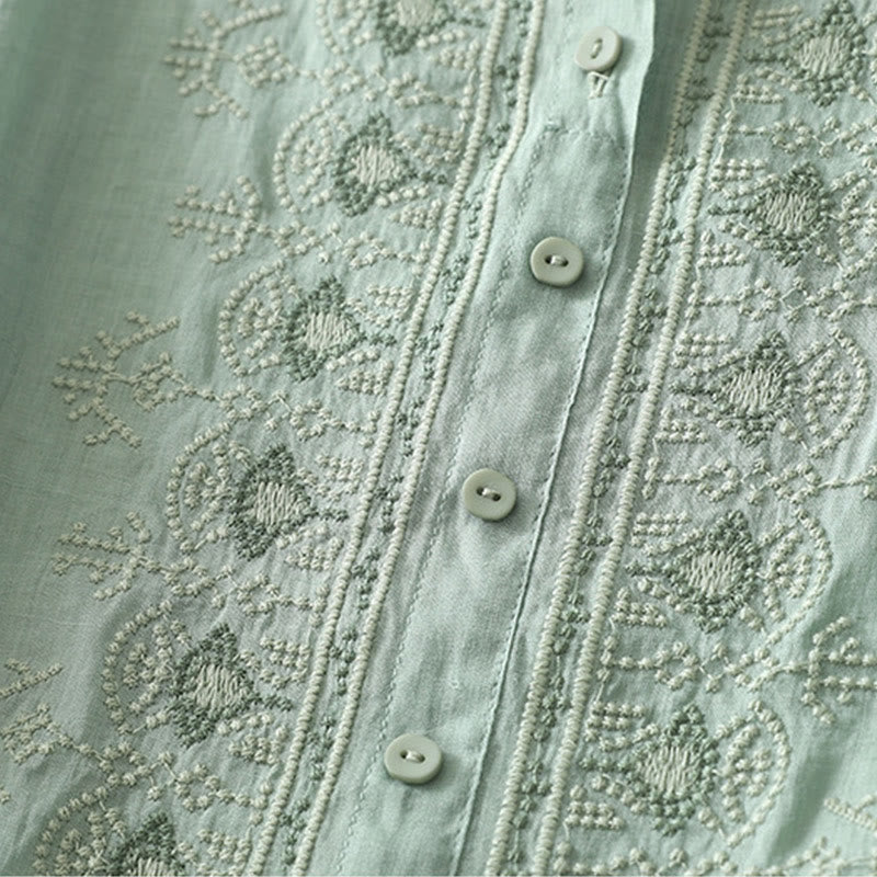 Buddha Stones Symmetrical Embroidery Cotton Linen Women's Half Sleeves Shirt